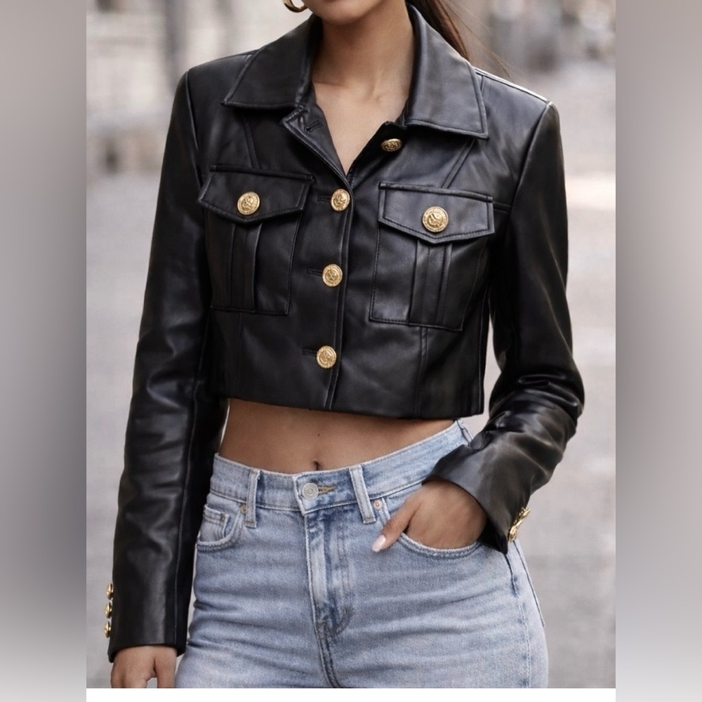7 For All Mankind Faux Leather Jacket Cropped Lined Gold Tone Button Black Sz. S